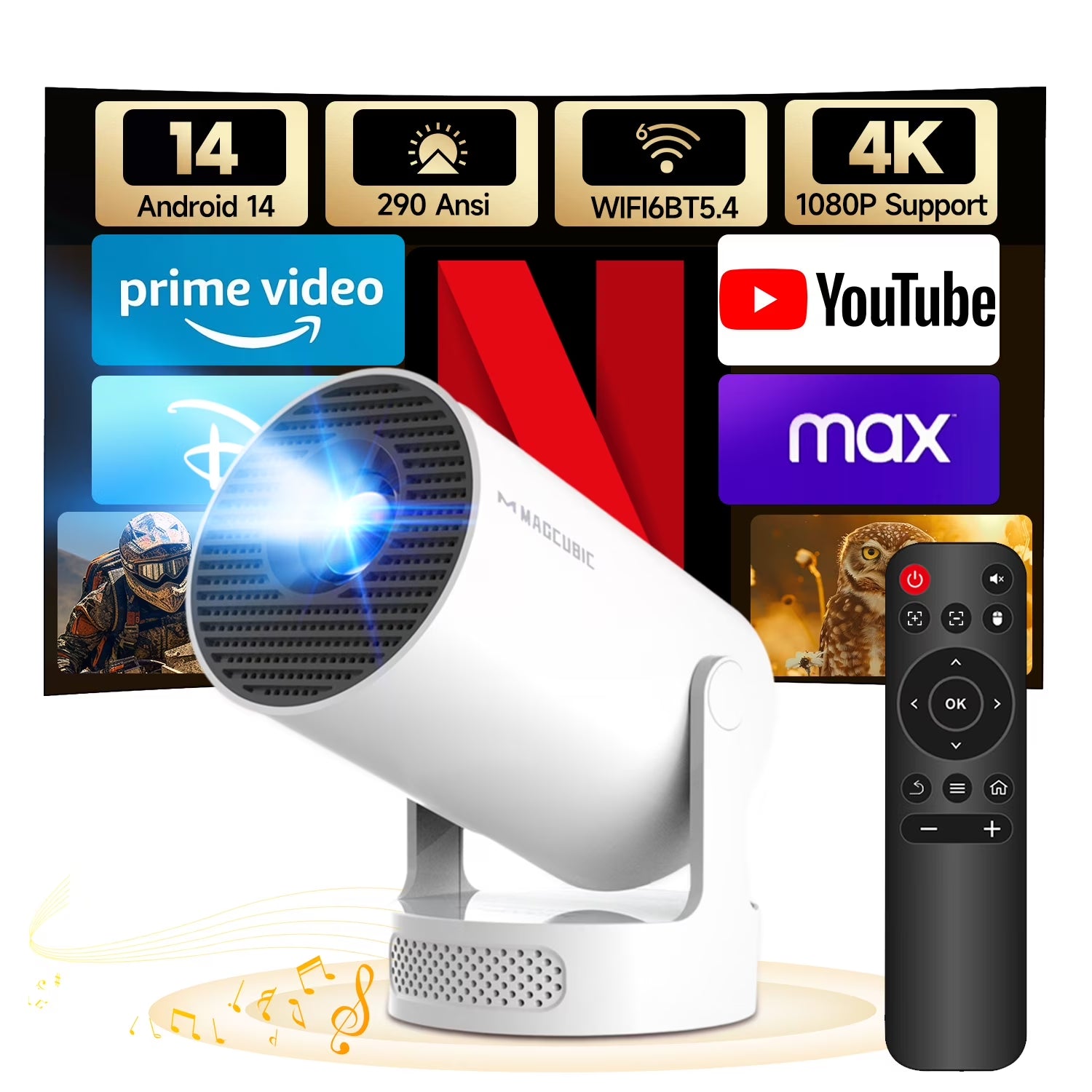 Mini Projector, 4K Support with Wifi 6 & BT 5.4, 290 ANSI Brightness with 5W Soundbase Speaker, Auto Vertical Correction, 180°Rotatable Portable for Home & Outdoor Movies Hy300Pro+